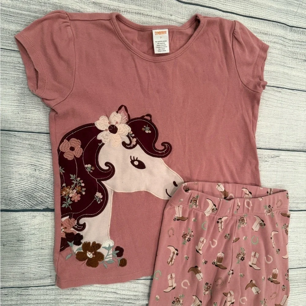 Gymboree Pink Pajama Set with Ruffled Top and Floral Bottoms/girls size 7